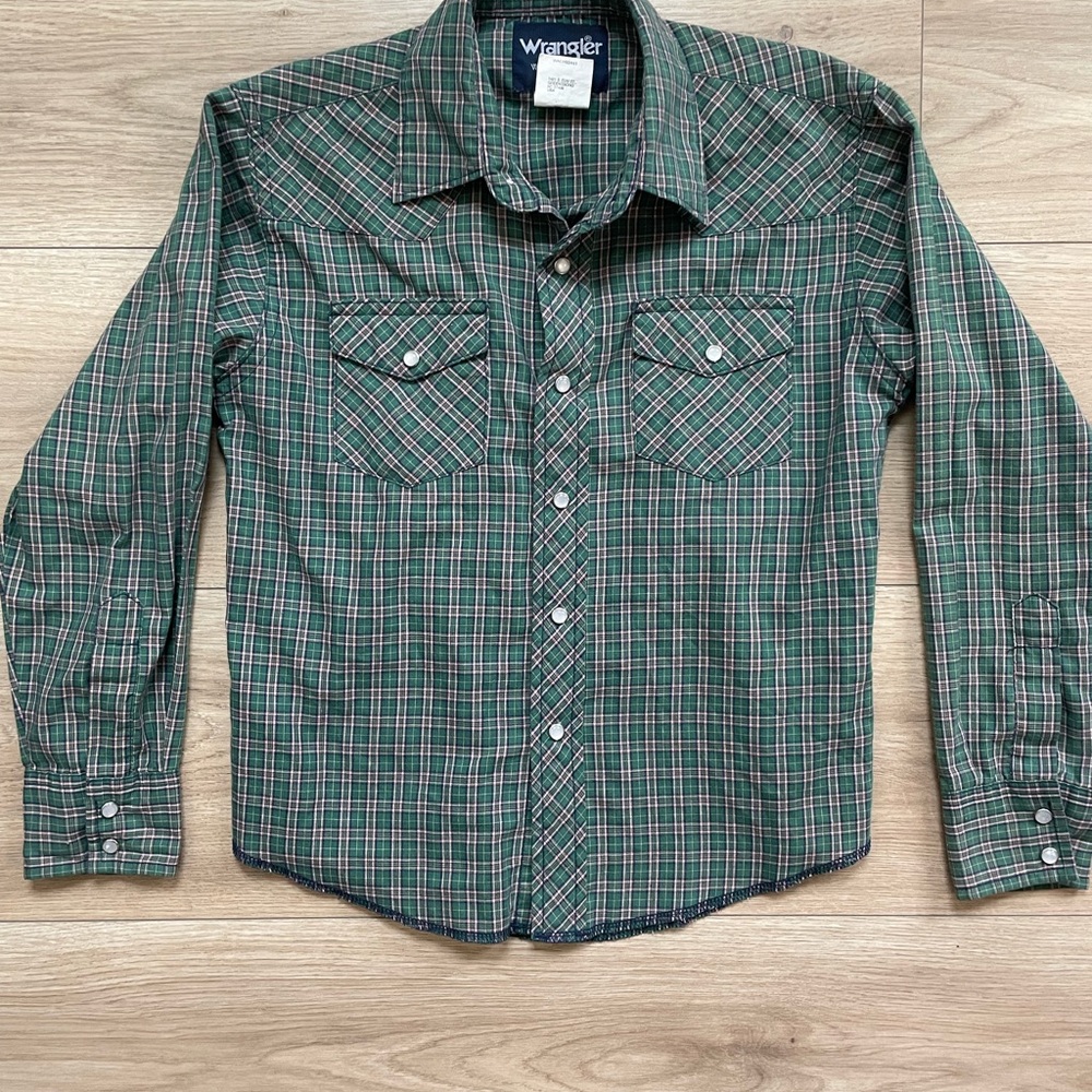 Wrangler Boys Green Plaid Pearl Snap Shirt